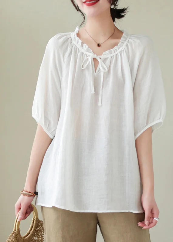 women's tops for those who want to create outfits that are both unique and memorableModern White Lace Up Ruffled Linen Shirts Summer