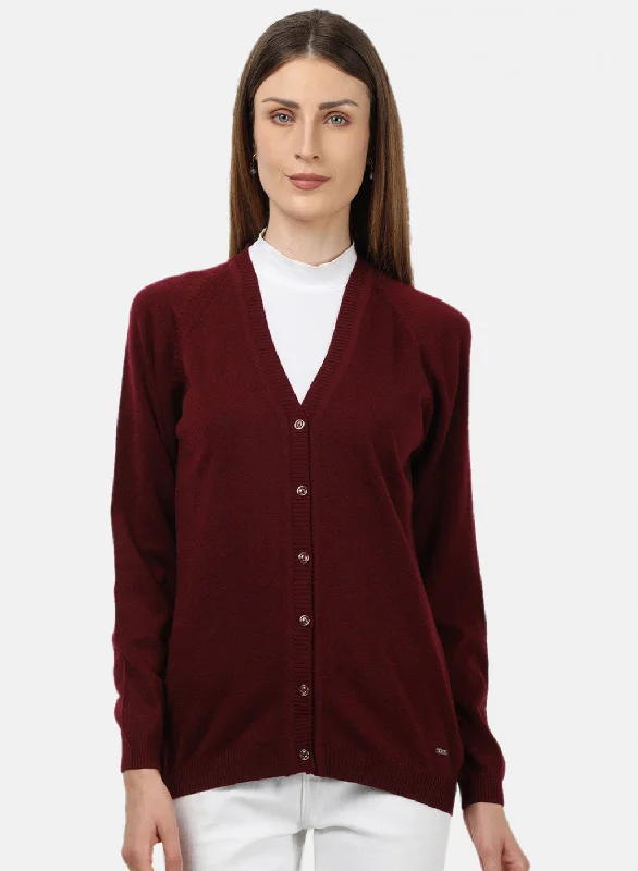 Embellished SweatersWomen Maroon Solid Cardigan