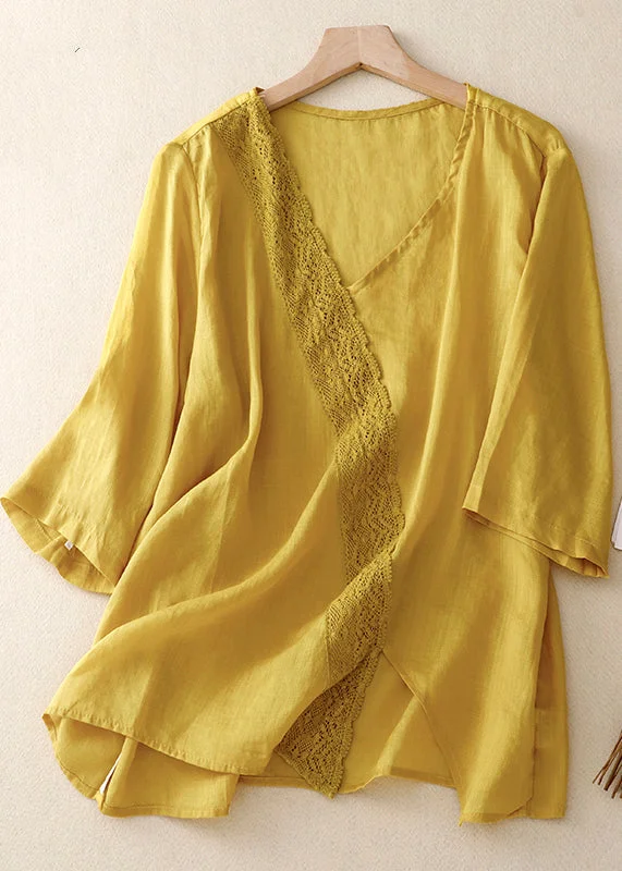 long-sleeved women's topsWomen Yellow Asymmetrical Lace Patchwork Linen Shirts Summer