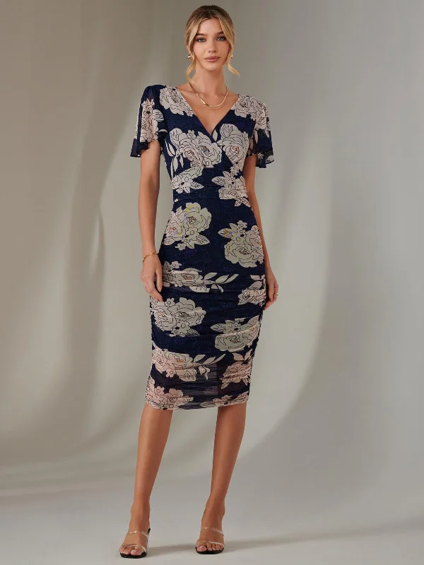 Peter Pan Collar DressAngel Sleeve Ruched Bodycon Dress, Navy Floral