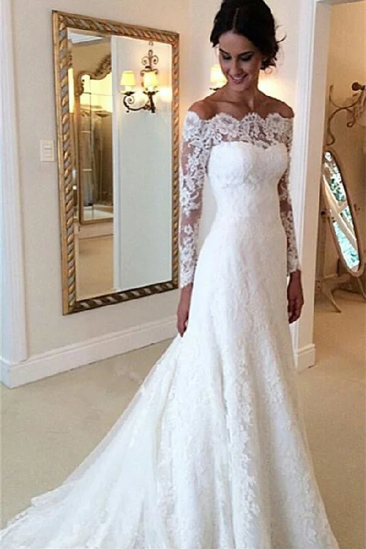 women's solid color dressesLong Sleeves Lace A-line Boat Neckline Ivory Long Bridal Dresses Wedding Dresses W33