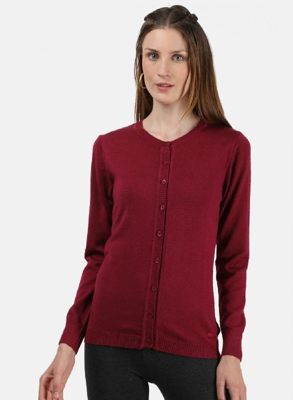 Designer Funky Hooded SweatersWomen Maroon Solid Cardigan