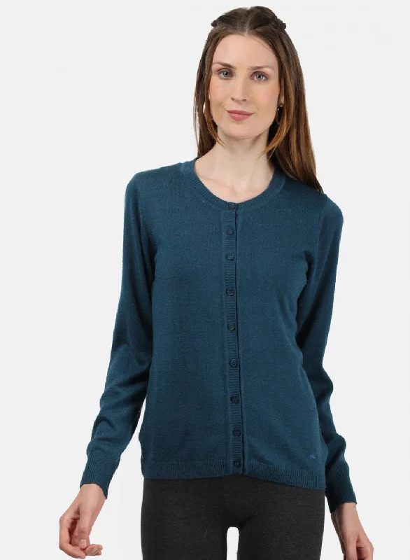 Colorful Casual SweatersWomen Teal Blue Solid Cardigan