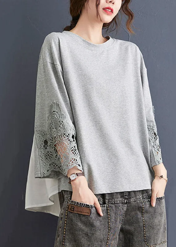 women's tops for those who want to make a fashion statementBeautiful Grey O Neck Hollow Out Embroideried Patchwork Cotton T Shirt Top Summer