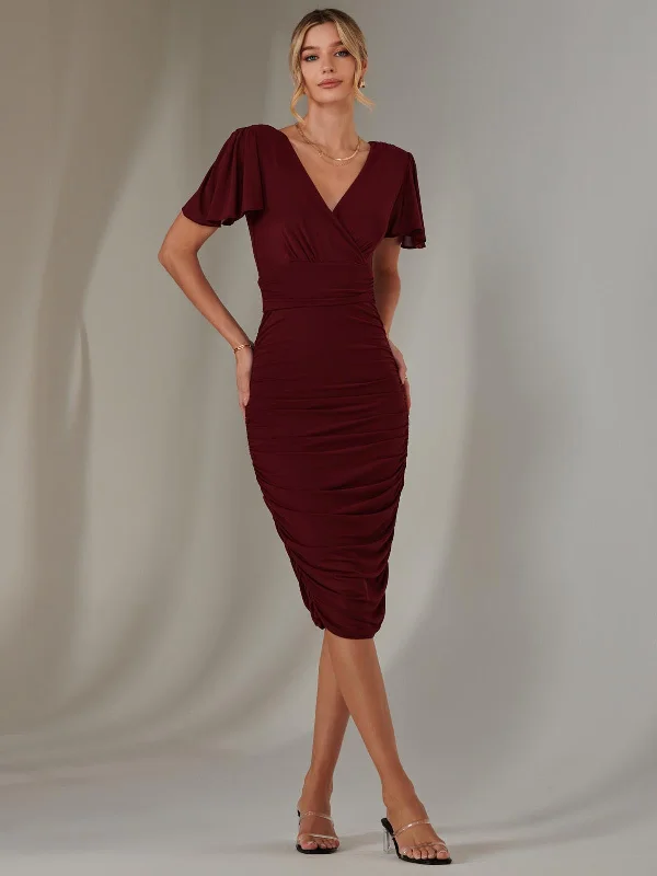 women's wedding guest dressesPlain Angel Sleeve Ruched Bodycon Dress, Burgundy