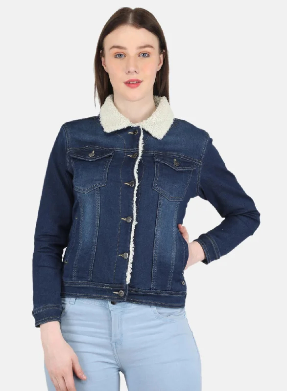 Women Blue Solid Denim Jacket