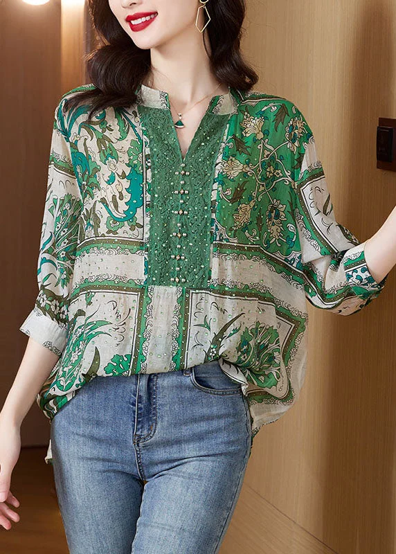 women's tops for those who refuse to compromise on styleStylish Green V Neck Print Zircon Patchwork Cotton Tops Summer