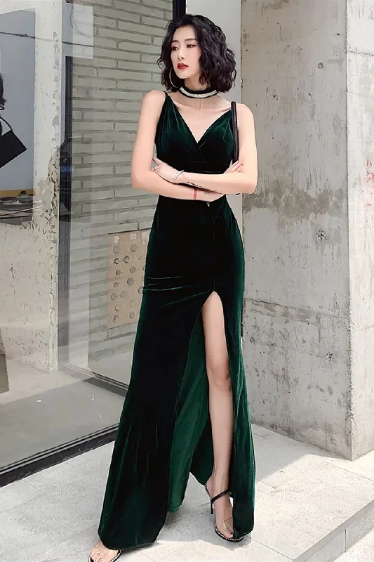 women's work dressesSimple V Neck Dark Green Velvet Long Prom Dresses, Dark Green Velvet Formal Graduation Evening Dresses Y2926