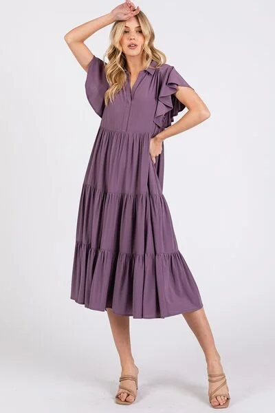 Retro DressMittoshop Ruffle Sleeve Collared V Neck Tiered Midi Dress