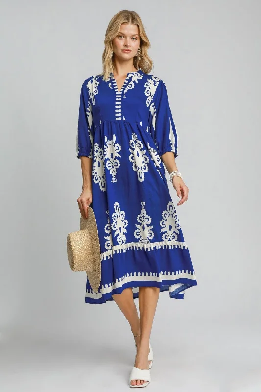 women's long-sleeved dressesUmgee Printed Notched Midi Dress