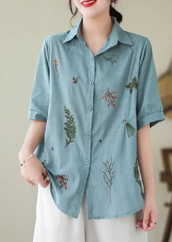 women's tops for those who believe in expressing their individuality through fashionLake Blue Cotton Shirt Peter Pan Collar Embroideried Summer