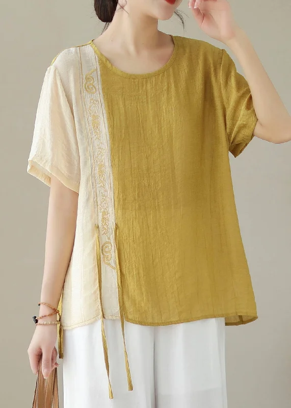 women's tops with asymmetrical designsBohemian Yellow Embroideried Patchwork Cotton Shirt Top Summer