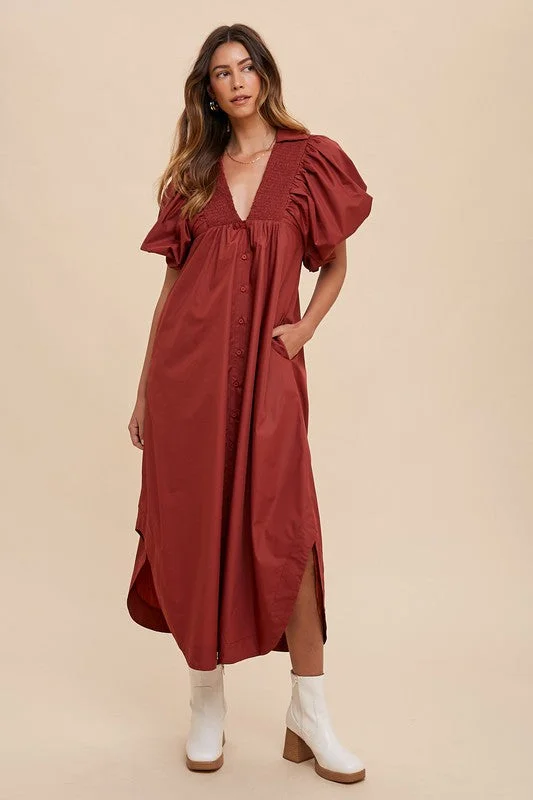 women's off-the-shoulder dressesAnnie Wear Smocked Puff Sleeve Midi Dress