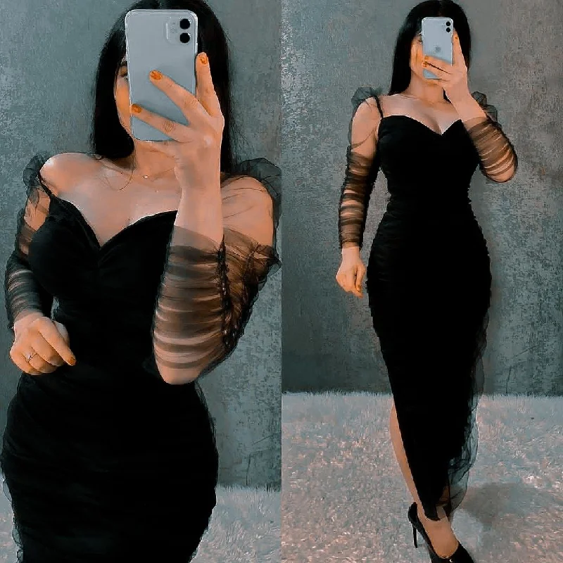 women's maternity dressesWomen Outfit Black Mesh Long Sleeves Sheath Prom Dress,Black Cocktail Dress Y5549