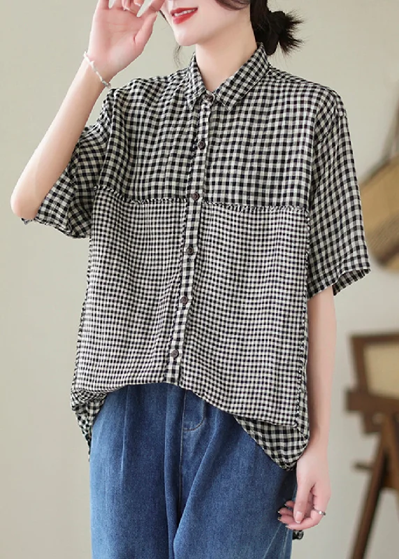 plus-size women's topsBlack Plaid Patchwork Linen Blouse Top Oversized Summer