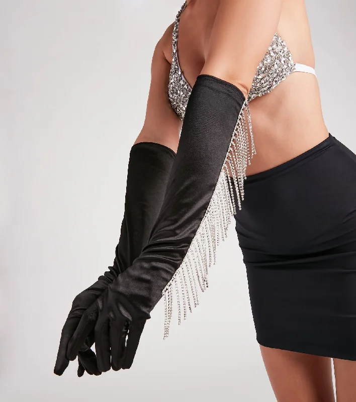 women's tops with beading accentsSuch A Showstopper Rhinestone Fringe Satin Gloves