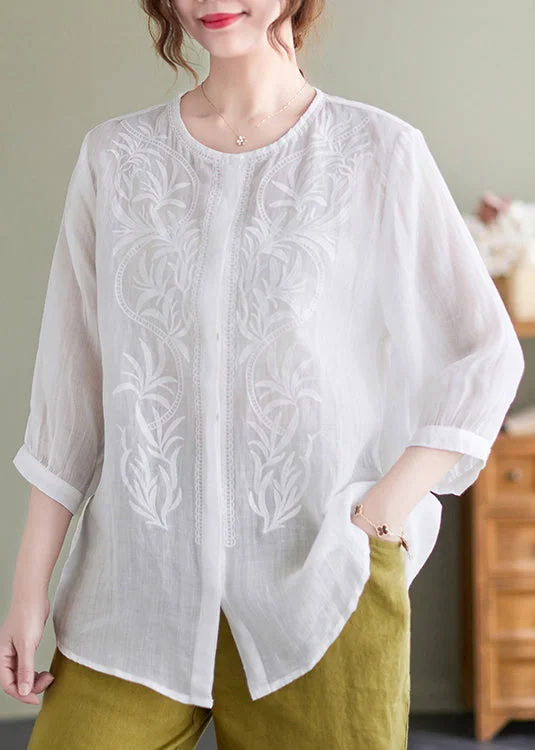 women's tops with floral printsCasual White Embroideried Oversized Linen Shirt Summer