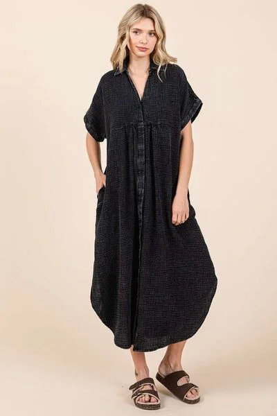 Minimalist DressMittoshop Mineral Wash V Neck Button Up Midi Shirt Dress