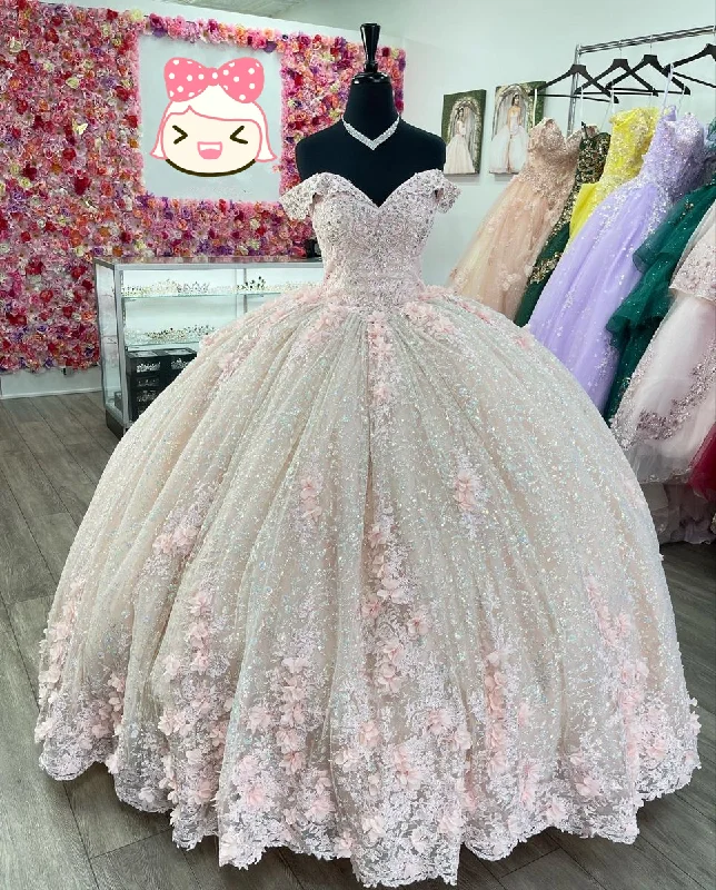 women's evening dressesSparkly Pink Off The Shoulder Ball Gown,Pink Princess Dress,Pink Sweet 16 Dress  Y2342