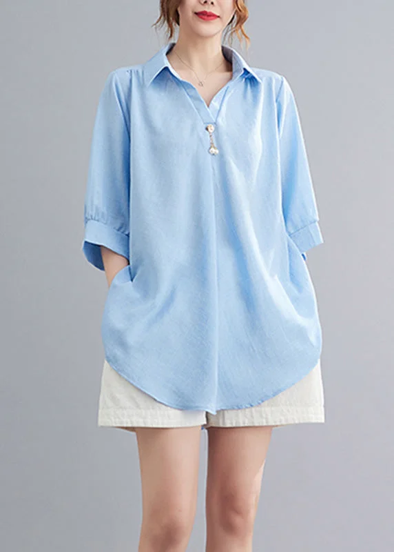 women's tops for date nightsOrganic Light Blue Peter Pan Collar Linen Tops Summer