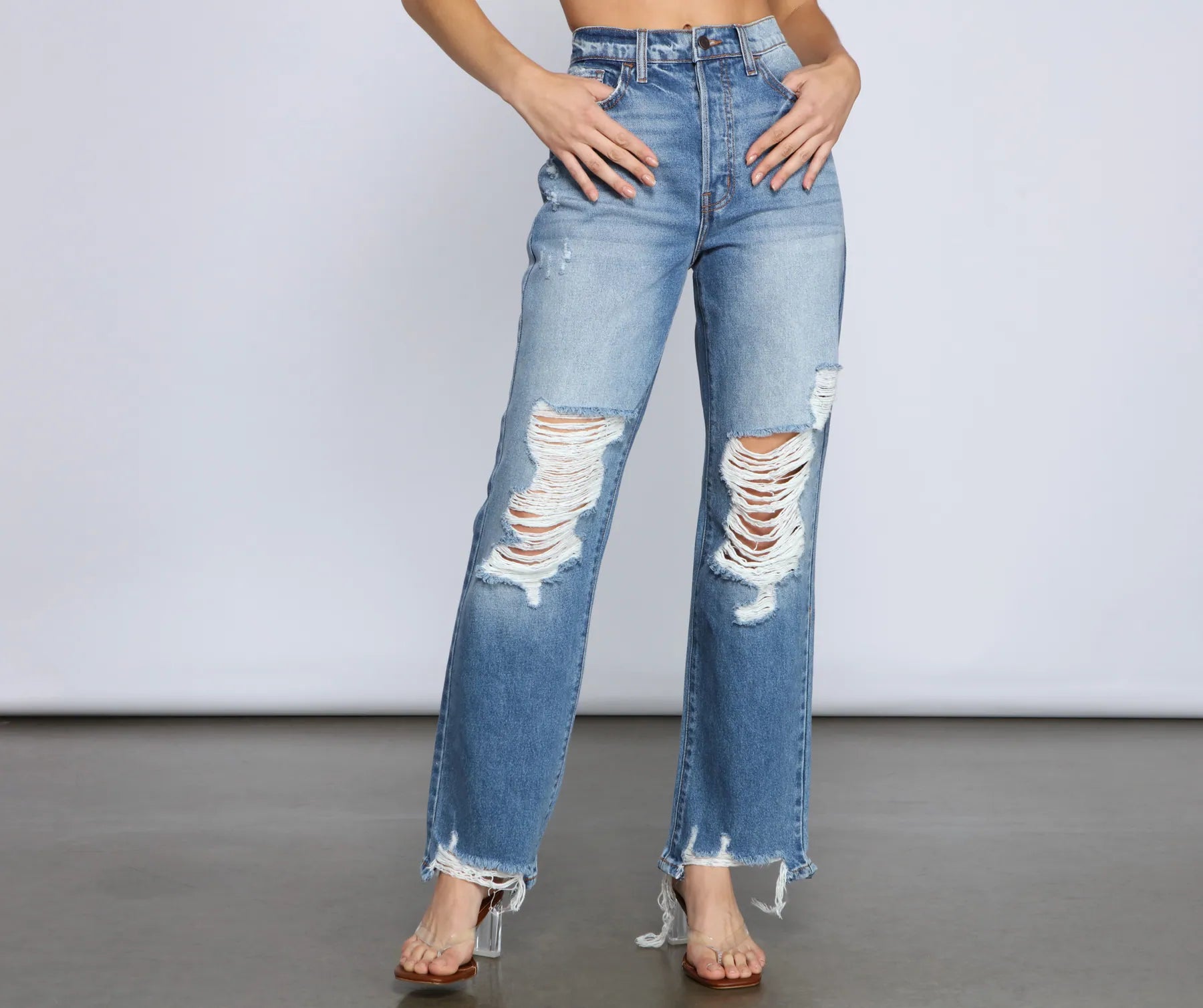 women's denim jeans with zippersSo The Drama High Rise Destructed Boyfriend Jeans