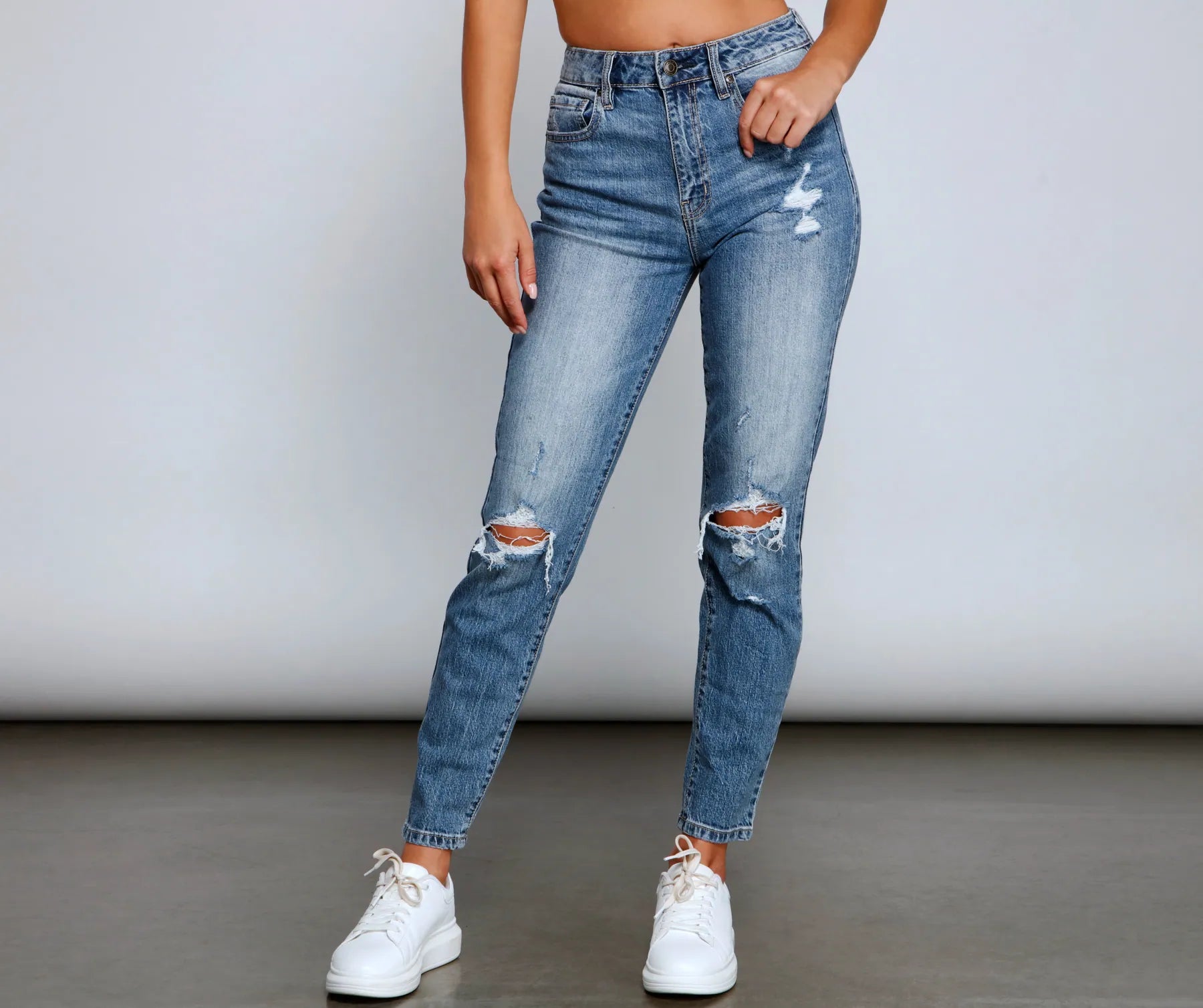 women's mid-rise denim jeansTobi High Rise Destructed Mom Jeans