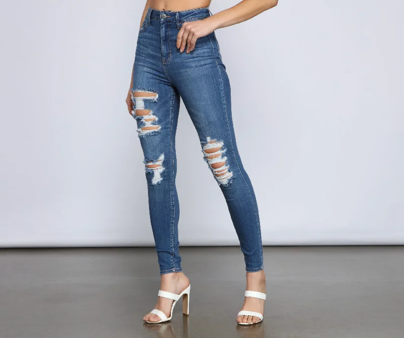 women's denim jeans with buttonsClassic High Rise Super Skinny Destructed Jeans