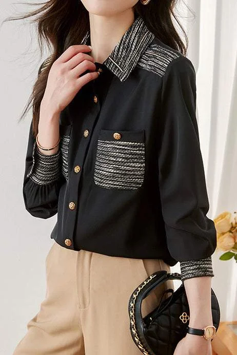 women's tops for smart casual looksTranslated Collar and Full Button Chest Pocket Chanel-Inspired Color Block Shirt