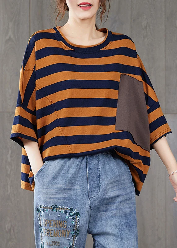 luxury women's topsFrench Orange Striped O Neck Patchwork Cotton T Shirt Top Summer