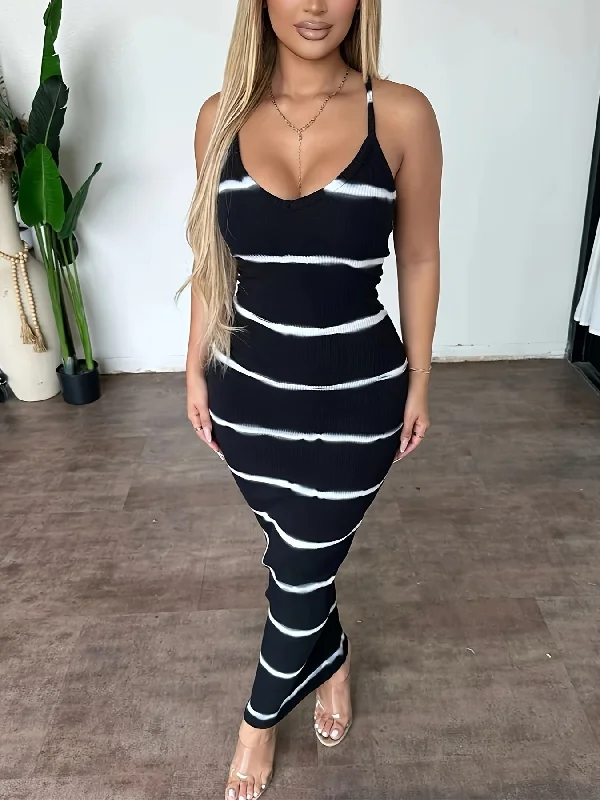 women's satin dressesIKEARLAX Flattering Striped Cami Maxi Dress - Spaghetti Strap Bodycon for Vacation Chic - Womens Summer Wardrobe Essential