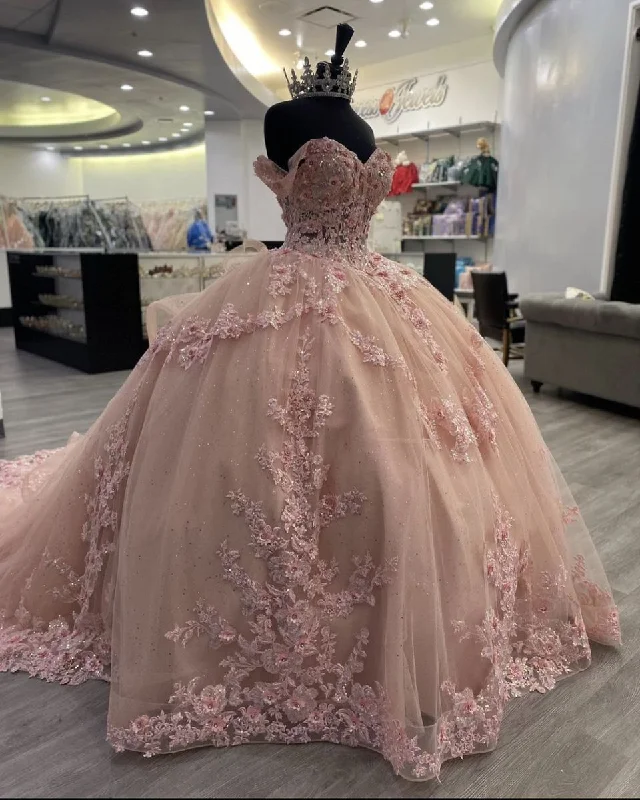 women's cocktail dressesSparkly Pink Appliques Ball Gown,Pink Princess Dress Y2341