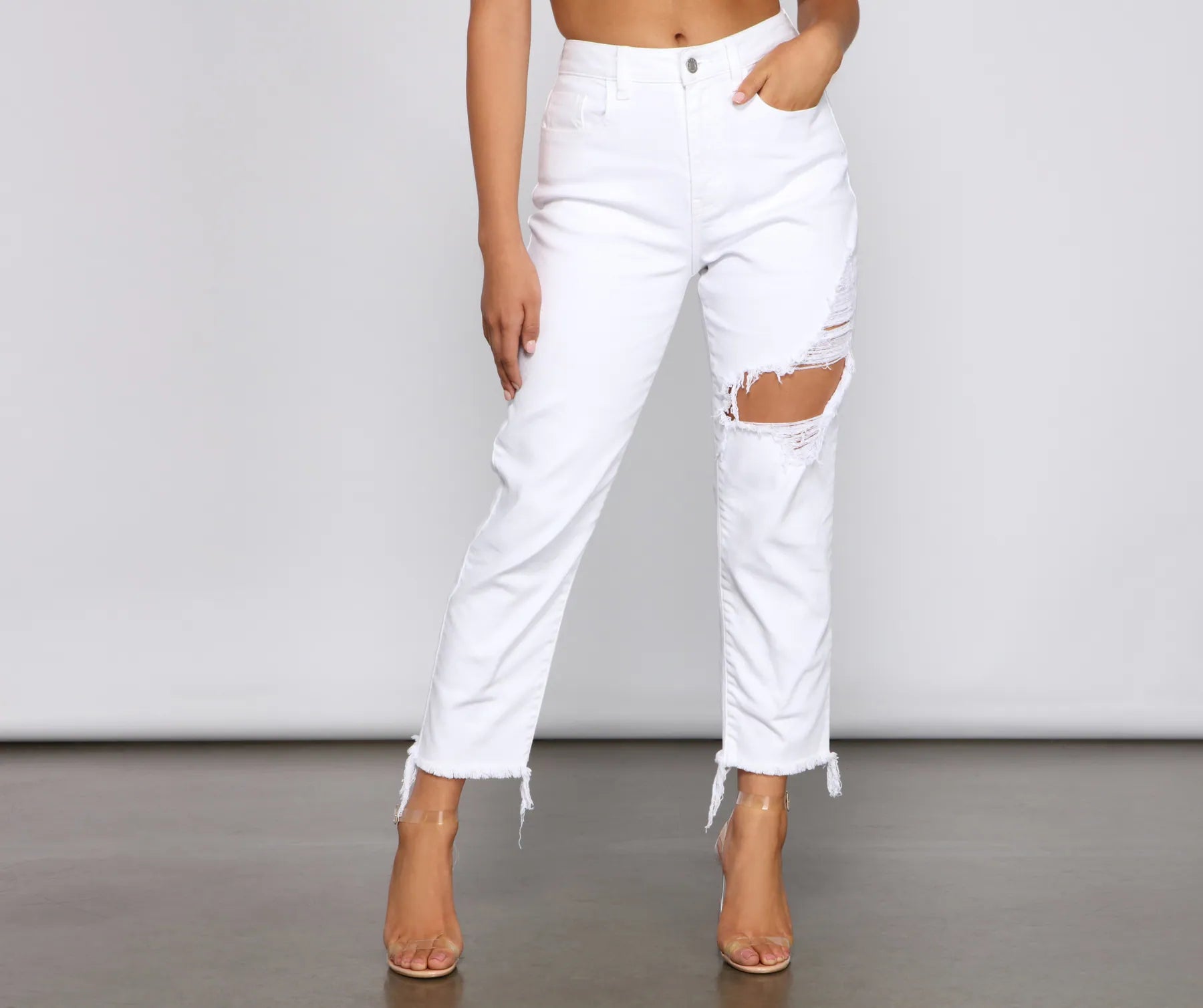 women's cropped denim jeansHigh-Rise Destructed And Frayed Mom Jeans