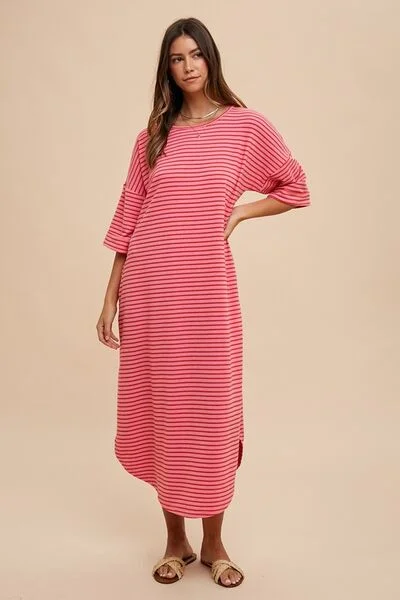 women's checkered dressesAnnie Wear Striped Round Neck Terry Midi Dress