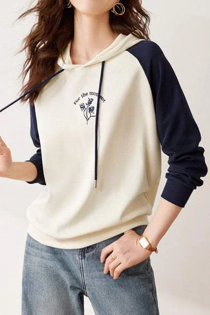 women's tops for layeringCuffed Bi-Color Embroidered Drawstring Hooded Sweatshirt