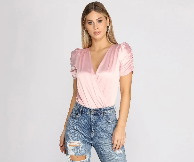 off-the-shoulder women's topsRuched Satin Surplice Bodysuit