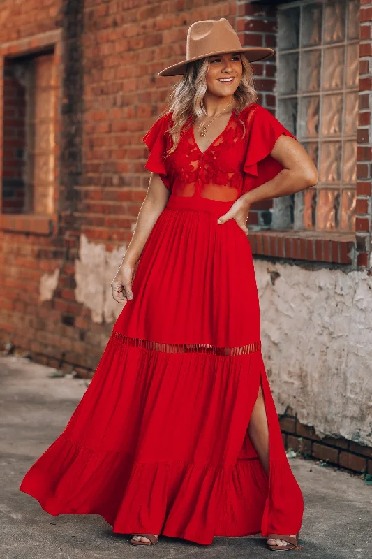 Elegant DressSkylar Embroidered Maxi Dress (Red) FINAL SALE