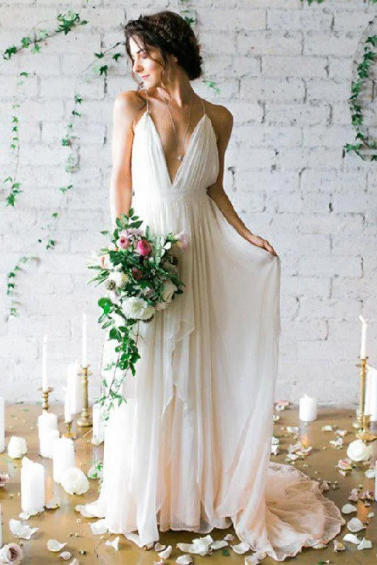 Fit-And-Flare DressSimple Backless Beach Summer Wedding Dress, Chiffon LongWedding Gowns OK108