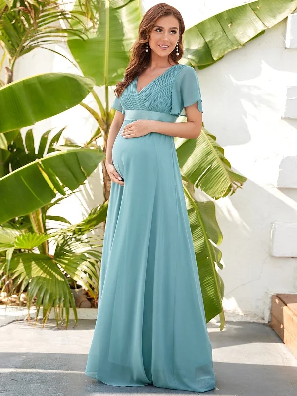 V Neck Ruffle Sleeves Pleated Bodice Floor Length Maternity Dress