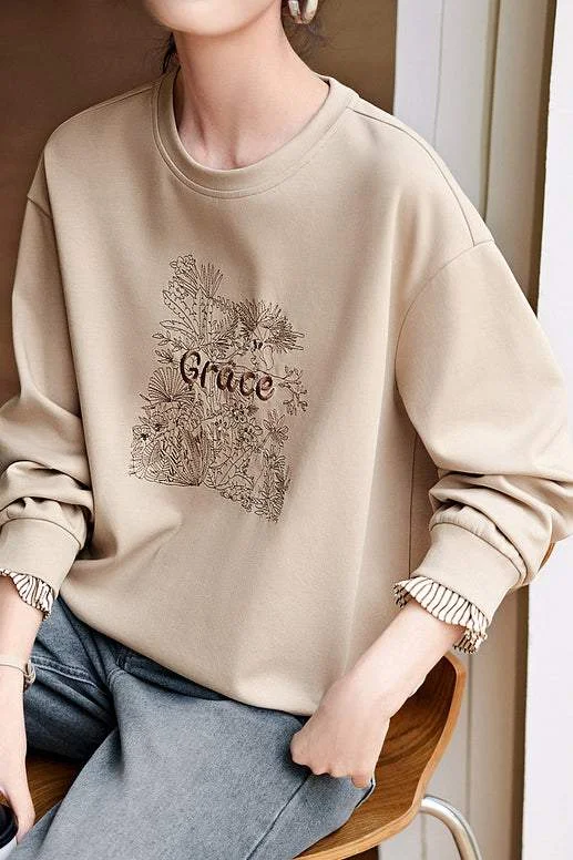 women's tops for minimalist aestheticsElegant Floral Letter Embroidery Round Neck Sweatshirt