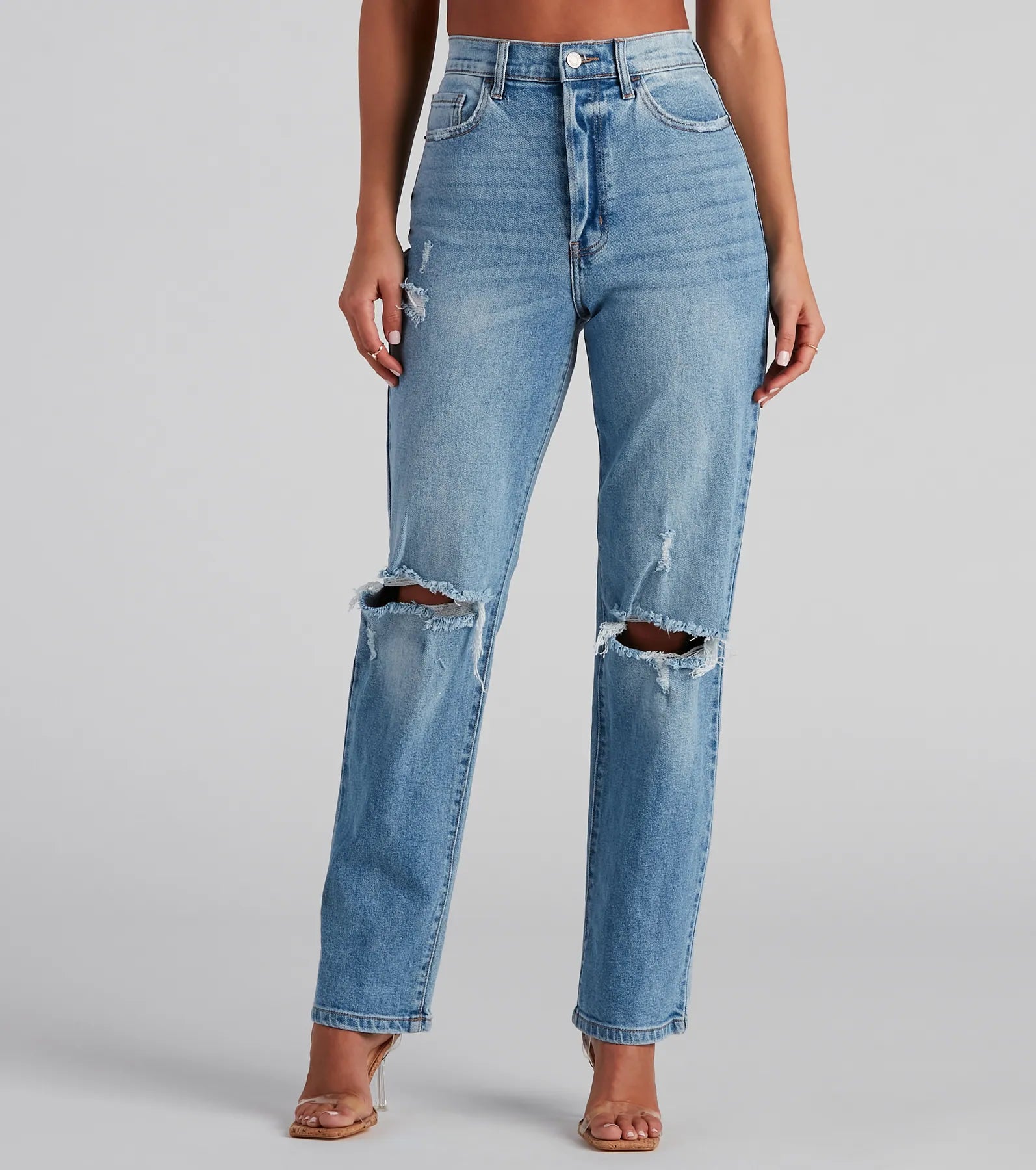 women's elastic waist denim jeansHigh-Rise Distressed Boyfriend Jeans