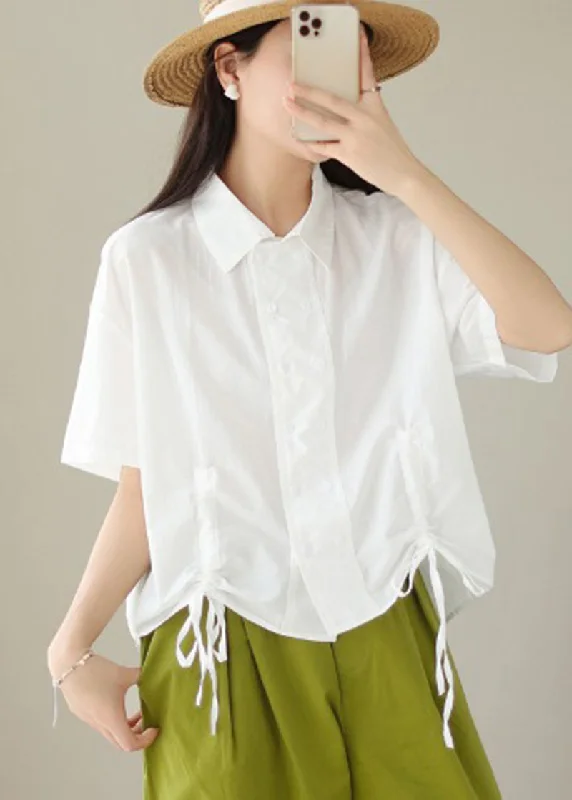 women's tops with cold-shoulder cutsFashion White Double Breast Drawstring Cotton Shirt Tops Summer