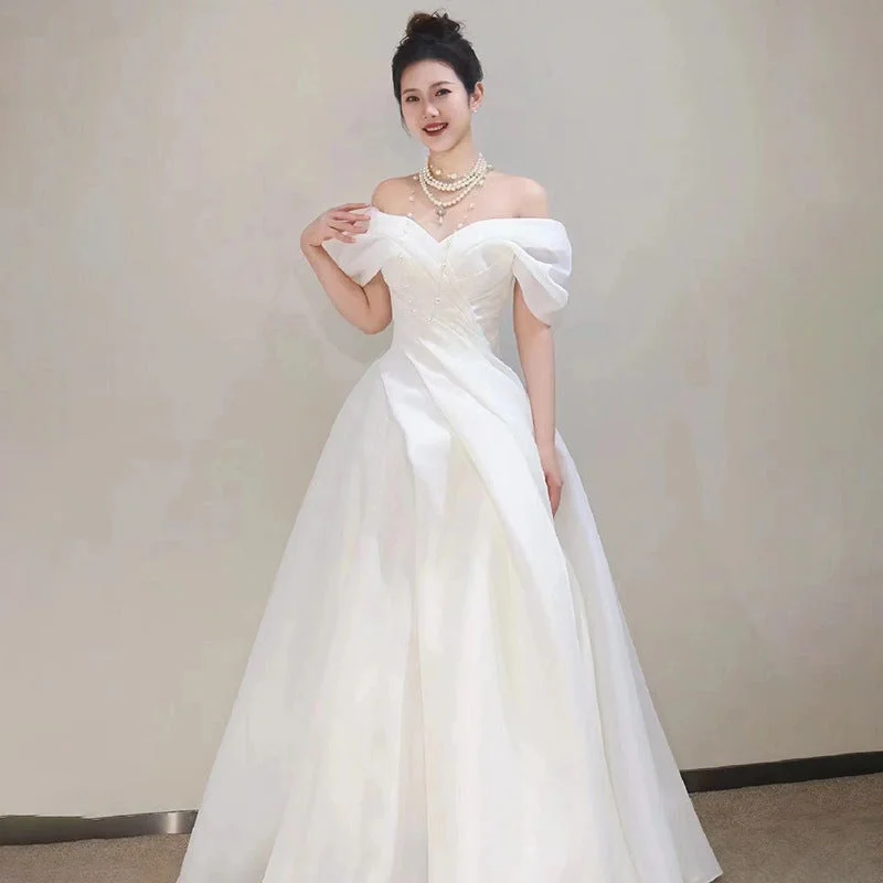 women's club dressesIKERRLAX Satin Light Wedding Dress  New Bridal  off-Shoulder Simple and Light Luxury Super Fairy Travel Photography Door Yarn Dress for Women