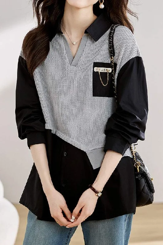 women's tops with sequin embellishmentsLayered Look Skipper Collar Knit Shirt