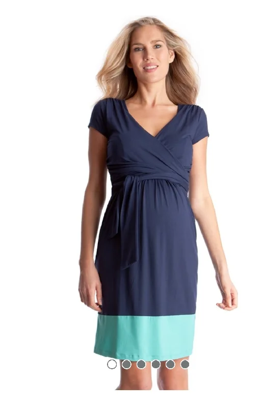 Seraphine navy and green colour block maternity / nursing jersey dress - size 10