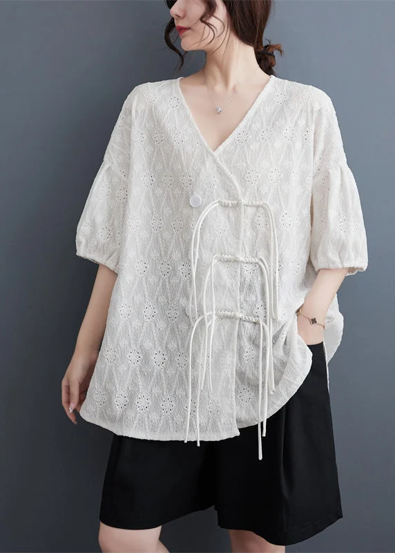 women's tops for those who want to show off their figure in a flattering wayChic White V Neck Print Tassel Solid Lace Shirt Summer