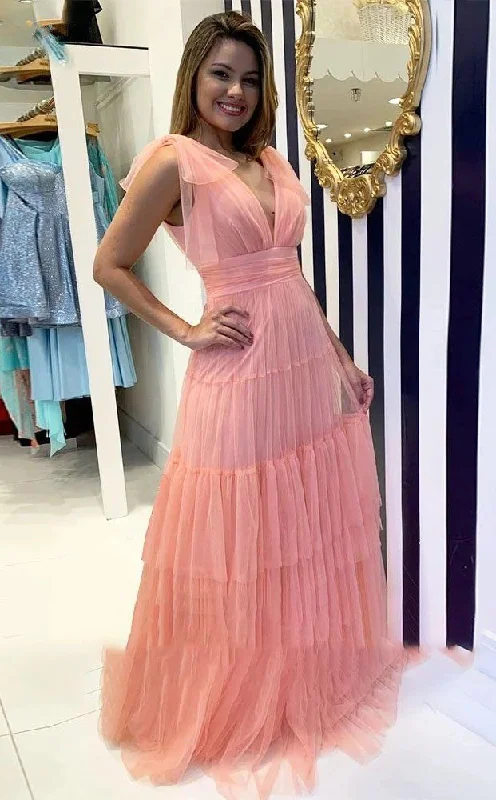 women's travel dressesLong Pink Deep V Neck Tulle Prom Dresses Y5543