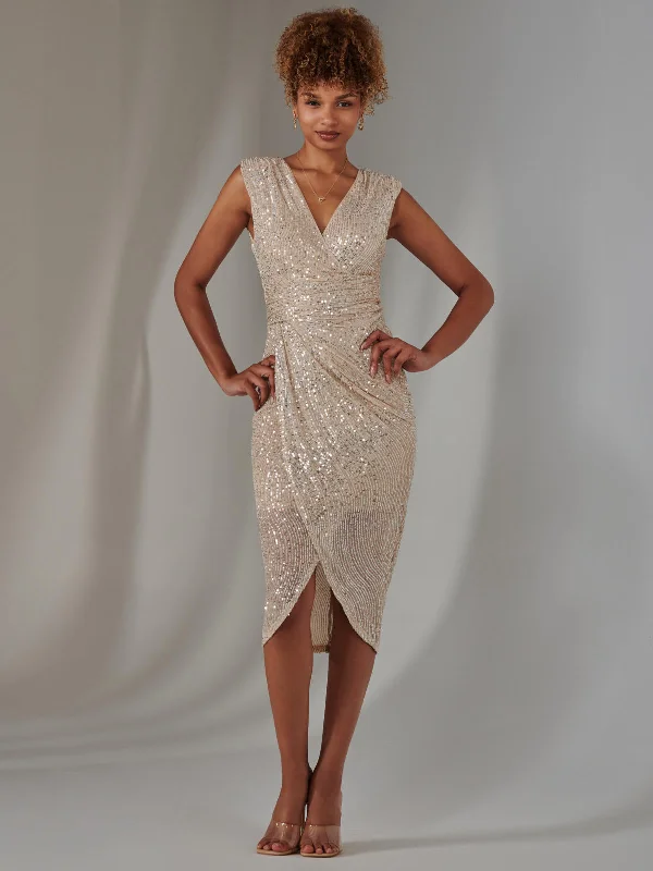 Bow-Tie DressAisla Ruched Sequin Bodycon Dress, Beige Silver