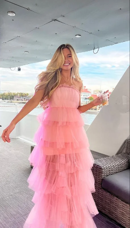 Glamour DressElegant Pink Tulle Layered Long Prom Dress,Pink Evening Dress Y2303