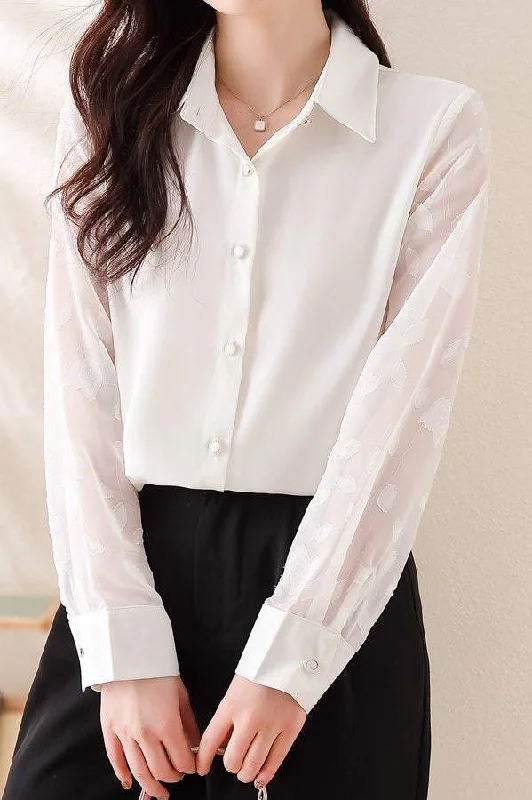 women's tops for those who want to add a personal touch to their wardrobe with unique and one-of-a-kind piecesJacquard Embroidery Decor Sheer Sleeve Satin Shirt - 2 Colors Available