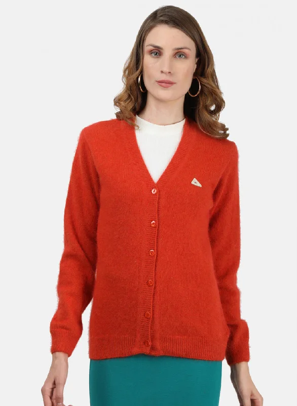 Extra-Large Knitted Crewneck SweatersWomen Orange Solid Cardigan